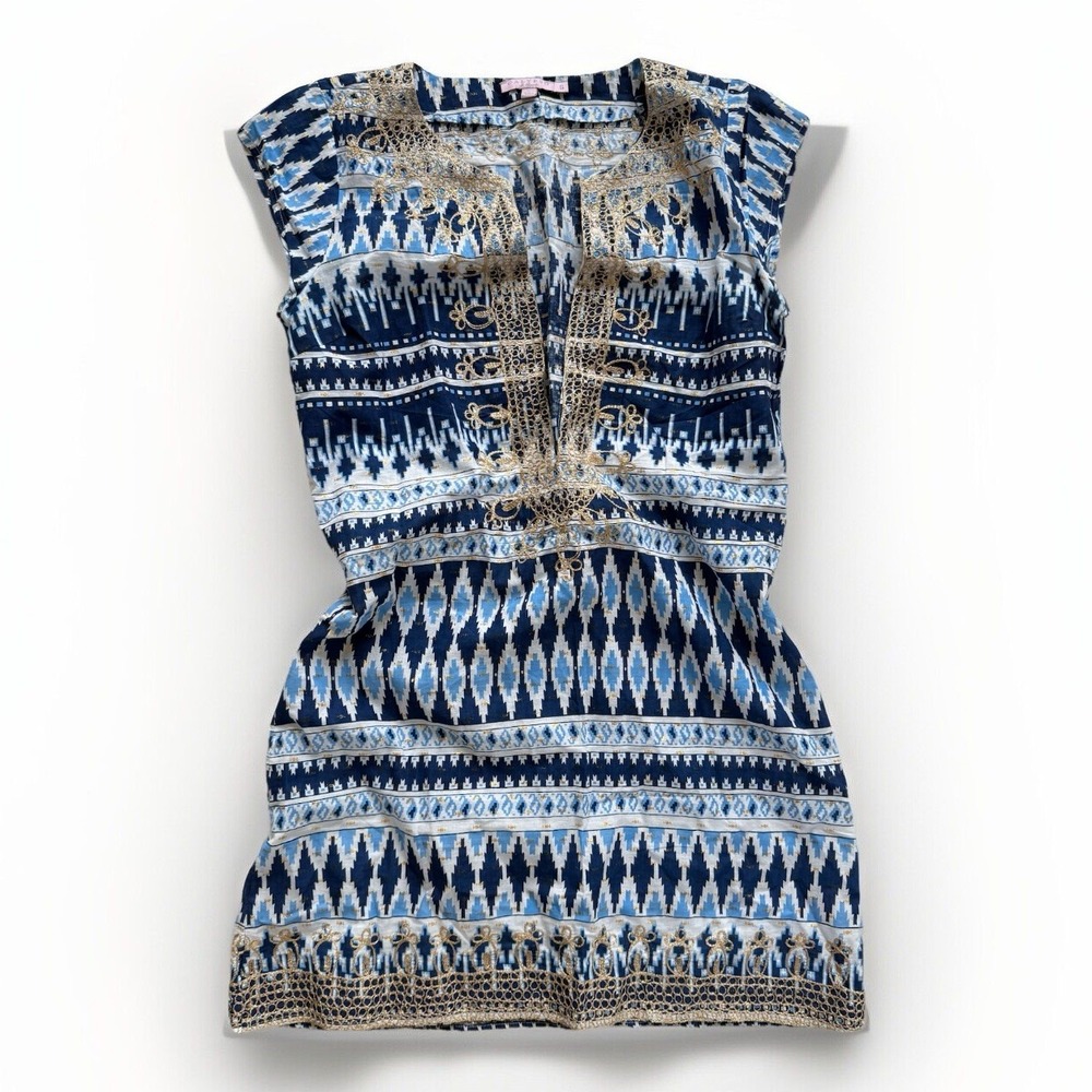 Calypso St Barth Tunic Dress Small Aztec Embroidered Beach Resortwear Blue $295